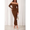 image:imagePRETTYGARDEN Womens 2026 Fall Long Sleeve Maxi Dress Off Shoulder Mesh Ruched Bodycon Trendy Long Wedding Guest DressesDark Brown