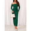 image:imagePRETTYGARDEN Womens 2026 Fall Long Sleeve Maxi Dress Off Shoulder Mesh Ruched Bodycon Trendy Long Wedding Guest DressesDark Green