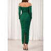 image:imagePRETTYGARDEN Womens 2026 Fall Long Sleeve Maxi Dress Off Shoulder Mesh Ruched Bodycon Trendy Long Wedding Guest DressesDark Green