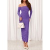 image:imagePRETTYGARDEN Womens 2026 Fall Long Sleeve Maxi Dress Off Shoulder Mesh Ruched Bodycon Trendy Long Wedding Guest DressesGrey Purple