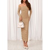 image:imagePRETTYGARDEN Womens 2026 Fall Long Sleeve Maxi Dress Off Shoulder Mesh Ruched Bodycon Trendy Long Wedding Guest DressesKhaki