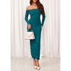 image:imagePRETTYGARDEN Womens 2026 Fall Long Sleeve Maxi Dress Off Shoulder Mesh Ruched Bodycon Trendy Long Wedding Guest DressesLake Blue