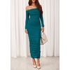 image:imagePRETTYGARDEN Womens 2026 Fall Long Sleeve Maxi Dress Off Shoulder Mesh Ruched Bodycon Trendy Long Wedding Guest DressesLake Blue