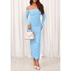 image:imagePRETTYGARDEN Womens 2026 Fall Long Sleeve Maxi Dress Off Shoulder Mesh Ruched Bodycon Trendy Long Wedding Guest DressesLight Blue