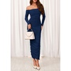 image:imagePRETTYGARDEN Womens 2026 Fall Long Sleeve Maxi Dress Off Shoulder Mesh Ruched Bodycon Trendy Long Wedding Guest DressesNavy Blue