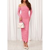 image:imagePRETTYGARDEN Womens 2026 Fall Long Sleeve Maxi Dress Off Shoulder Mesh Ruched Bodycon Trendy Long Wedding Guest DressesPink