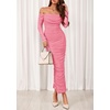 image:imagePRETTYGARDEN Womens 2026 Fall Long Sleeve Maxi Dress Off Shoulder Mesh Ruched Bodycon Trendy Long Wedding Guest DressesPink