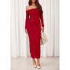 image:imagePRETTYGARDEN Womens 2026 Fall Long Sleeve Maxi Dress Off Shoulder Mesh Ruched Bodycon Trendy Long Wedding Guest DressesRed