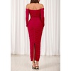 image:imagePRETTYGARDEN Womens 2026 Fall Long Sleeve Maxi Dress Off Shoulder Mesh Ruched Bodycon Trendy Long Wedding Guest DressesRed