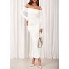 image:imagePRETTYGARDEN Womens 2026 Fall Long Sleeve Maxi Dress Off Shoulder Mesh Ruched Bodycon Trendy Long Wedding Guest DressesWhite