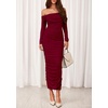 image:imagePRETTYGARDEN Womens 2026 Fall Long Sleeve Maxi Dress Off Shoulder Mesh Ruched Bodycon Trendy Long Wedding Guest DressesWine Red