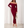 image:imagePRETTYGARDEN Womens 2026 Fall Long Sleeve Maxi Dress Off Shoulder Mesh Ruched Bodycon Trendy Long Wedding Guest DressesWine Red