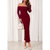image:imagePRETTYGARDEN Womens 2026 Fall Long Sleeve Maxi Dress Off Shoulder Mesh Ruched Bodycon Trendy Long Wedding Guest DressesWine Red