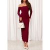 image:imagePRETTYGARDEN Womens 2026 Fall Long Sleeve Maxi Dress Off Shoulder Mesh Ruched Bodycon Trendy Long Wedding Guest DressesWine Red