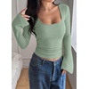 image:imagePRETTYGARDEN Womens Bell Long Sleeve Shirts Going Out Tops  Soft Stretchy Ribbed Knit Square Neck Slim Fit Y2K Clothes Trendy Side Ruched Layering Tee for Casual Fall amp Winter WearSage Green