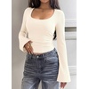 image:imagePRETTYGARDEN Womens Bell Long Sleeve Shirts Going Out Tops  Soft Stretchy Ribbed Knit Square Neck Slim Fit Y2K Clothes Trendy Side Ruched Layering Tee for Casual Fall amp Winter WearBeige
