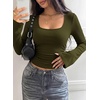 image:imagePRETTYGARDEN Womens Bell Long Sleeve Shirts Going Out Tops  Soft Stretchy Ribbed Knit Square Neck Slim Fit Y2K Clothes Trendy Side Ruched Layering Tee for Casual Fall amp Winter WearArmy Green
