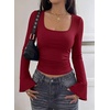 image:imagePRETTYGARDEN Womens Bell Long Sleeve Shirts Going Out Tops  Soft Stretchy Ribbed Knit Square Neck Slim Fit Y2K Clothes Trendy Side Ruched Layering Tee for Casual Fall amp Winter WearBurgundy