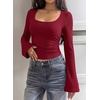 image:imagePRETTYGARDEN Womens Bell Long Sleeve Shirts Going Out Tops  Soft Stretchy Ribbed Knit Square Neck Slim Fit Y2K Clothes Trendy Side Ruched Layering Tee for Casual Fall amp Winter WearBurgundy