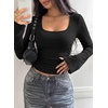image:imagePRETTYGARDEN Womens Bell Long Sleeve Shirts Going Out Tops  Soft Stretchy Ribbed Knit Square Neck Slim Fit Y2K Clothes Trendy Side Ruched Layering Tee for Casual Fall amp Winter WearBlack