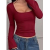 image:imagePRETTYGARDEN Womens Bell Long Sleeve Shirts Going Out Tops  Soft Stretchy Ribbed Knit Square Neck Slim Fit Y2K Clothes Trendy Side Ruched Layering Tee for Casual Fall amp Winter WearBurgundy