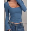 image:imagePRETTYGARDEN Womens Bell Long Sleeve Shirts Going Out Tops  Soft Stretchy Ribbed Knit Square Neck Slim Fit Y2K Clothes Trendy Side Ruched Layering Tee for Casual Fall amp Winter WearDusty Blue