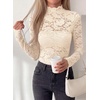 image:imagePRETTYGARDEN Womens Lace Long Sleeve Top Mesh Sheer Blouses Mock Neck See Through Slim Fitted Tops 2026 Fall Fashion ClothesApricot