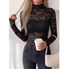 image:imagePRETTYGARDEN Womens Lace Long Sleeve Top Mesh Sheer Blouses Mock Neck See Through Slim Fitted Tops 2026 Fall Fashion ClothesBlack