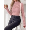image:imagePRETTYGARDEN Womens Lace Long Sleeve Top Mesh Sheer Blouses Mock Neck See Through Slim Fitted Tops 2026 Fall Fashion ClothesPink