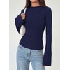 image:imagePRETTYGARDEN Womens Lightweight Mock Neck Sweaters  Bell Long Sleeve Tops Slim Fitted Pullover Soft Ribbed Knit Going Out Outfits Fall Winter Layering Fashion ClothingNavy Blue