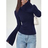 image:imagePRETTYGARDEN Womens Lightweight Mock Neck Sweaters  Bell Long Sleeve Tops Slim Fitted Pullover Soft Ribbed Knit Going Out Outfits Fall Winter Layering Fashion ClothingNavy Blue