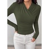 image:imagePRETTYGARDEN Womens Long Sleeve Shirts 2026 Fall V Neck Cross Wrap Going Out Top Ribbed Ruched Fitted Business Casual ClothesArmy Green