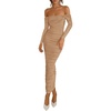 image:imagePRETTYGARDEN Womens 2026 Fall Long Sleeve Maxi Dress Off Shoulder Mesh Ruched Bodycon Trendy Long Wedding Guest DressesKhaki