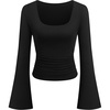 image:imagePRETTYGARDEN Womens Bell Long Sleeve Shirts Going Out Tops  Soft Stretchy Ribbed Knit Square Neck Slim Fit Y2K Clothes Trendy Side Ruched Layering Tee for Casual Fall amp Winter WearBlack