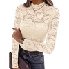 image:imagePRETTYGARDEN Womens Lace Long Sleeve Top Mesh Sheer Blouses Mock Neck See Through Slim Fitted Tops 2026 Fall Fashion ClothesApricot