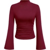 image:imagePRETTYGARDEN Womens Long Bell Sleeve Mock Neck Ribbed Tops  Ribbed Flare Bell Sleeve Top Flattering Ruched Waist Y2K Clothes Dressy Casual Shirts Fall Winter Work Going Out OutfitsWine Red