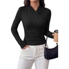 image:imagePRETTYGARDEN Womens Long Sleeve Shirts 2026 Fall V Neck Cross Wrap Going Out Top Ribbed Ruched Fitted Business Casual ClothesBlack