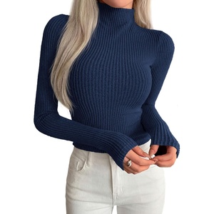 image:imagePRETTYGARDEN Long Sleeve Shirts for Women Fall Clothes  Soft Brushed Ribbed Knit Pullover Mock Neck Lightweight Sweater Comfy Underscrubs Basic Casual Winter Layering TopsNavy Blue