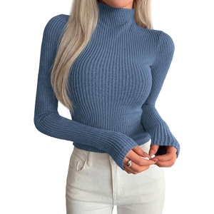 image:imagePRETTYGARDEN Long Sleeve Shirts for Women Fall Clothes  Soft Brushed Ribbed Knit Pullover Mock Neck Lightweight Sweater Comfy Underscrubs Basic Casual Winter Layering TopsDusty Blue