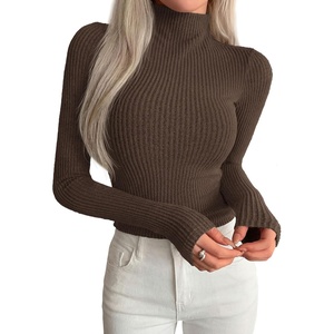 image:imagePRETTYGARDEN Long Sleeve Shirts for Women Fall Clothes  Soft Brushed Ribbed Knit Pullover Mock Neck Lightweight Sweater Comfy Underscrubs Basic Casual Winter Layering TopsBrown