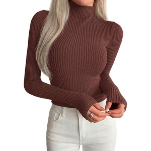 image:imagePRETTYGARDEN Long Sleeve Shirts for Women Fall Clothes  Soft Brushed Ribbed Knit Pullover Mock Neck Lightweight Sweater Comfy Underscrubs Basic Casual Winter Layering TopsCoffee
