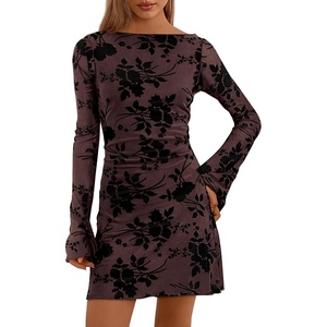 image:imagePRETTYGARDEN Womens 2026 Fall Fashion Floral Long Sleeve Mini Dress Mesh Bodycon Short Party Date Night Going Out DressesBrown Black