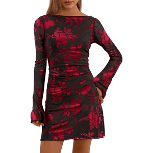 image:imagePRETTYGARDEN Womens 2026 Fall Fashion Floral Long Sleeve Mini Dress Mesh Bodycon Short Party Date Night Going Out DressesFloral Black Red