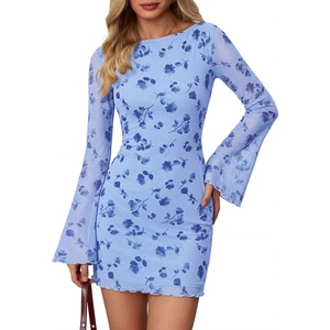 image:imagePRETTYGARDEN Womens 2026 Fall Fashion Floral Long Sleeve Mini Dress Mesh Bodycon Short Party Date Night Going Out DressesFloral Light Blue
