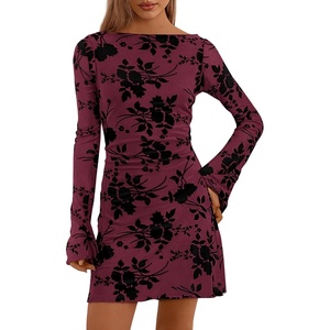 image:imagePRETTYGARDEN Womens 2026 Fall Fashion Floral Long Sleeve Mini Dress Mesh Bodycon Short Party Date Night Going Out DressesRed