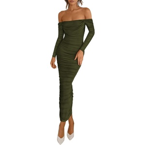 image:imagePRETTYGARDEN Womens 2026 Fall Long Sleeve Maxi Dress Off Shoulder Mesh Ruched Bodycon Trendy Long Wedding Guest DressesArmy Green