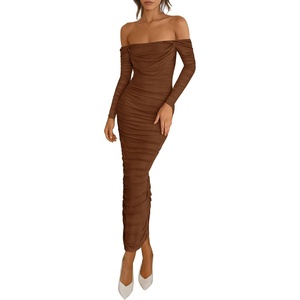image:imagePRETTYGARDEN Womens 2026 Fall Long Sleeve Maxi Dress Off Shoulder Mesh Ruched Bodycon Trendy Long Wedding Guest DressesDark Brown