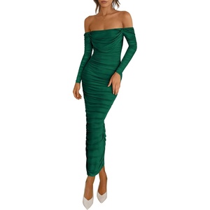 image:imagePRETTYGARDEN Womens 2026 Fall Long Sleeve Maxi Dress Off Shoulder Mesh Ruched Bodycon Trendy Long Wedding Guest DressesDark Green