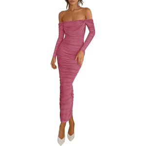 image:imagePRETTYGARDEN Womens 2026 Fall Long Sleeve Maxi Dress Off Shoulder Mesh Ruched Bodycon Trendy Long Wedding Guest DressesDark Pink