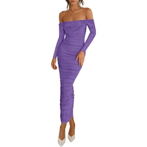 image:imagePRETTYGARDEN Womens 2026 Fall Long Sleeve Maxi Dress Off Shoulder Mesh Ruched Bodycon Trendy Long Wedding Guest DressesGrey Purple
